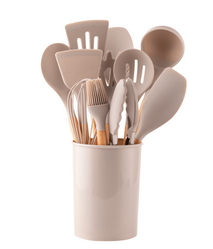 Ensemble 12 pièces d’ustensiles de cuisine en silicone résistant à la chaleur avec manches en bambou et pot de rangement - Hommfer