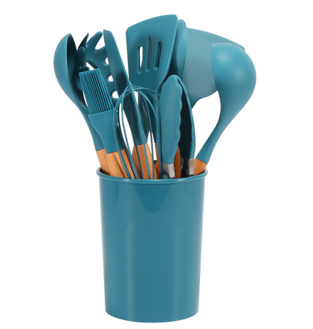 Ensemble 12 pièces d’ustensiles de cuisine en silicone résistant à la chaleur avec manches en bambou et pot de rangement - Hommfer