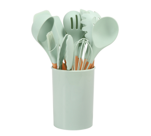 Ensemble 12 pièces d’ustensiles de cuisine en silicone résistant à la chaleur avec manches en bambou et pot de rangement - Hommfer