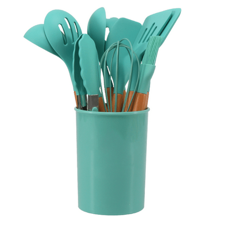 Ensemble 12 pièces d’ustensiles de cuisine en silicone résistant à la chaleur avec manches en bambou et pot de rangement - Hommfer