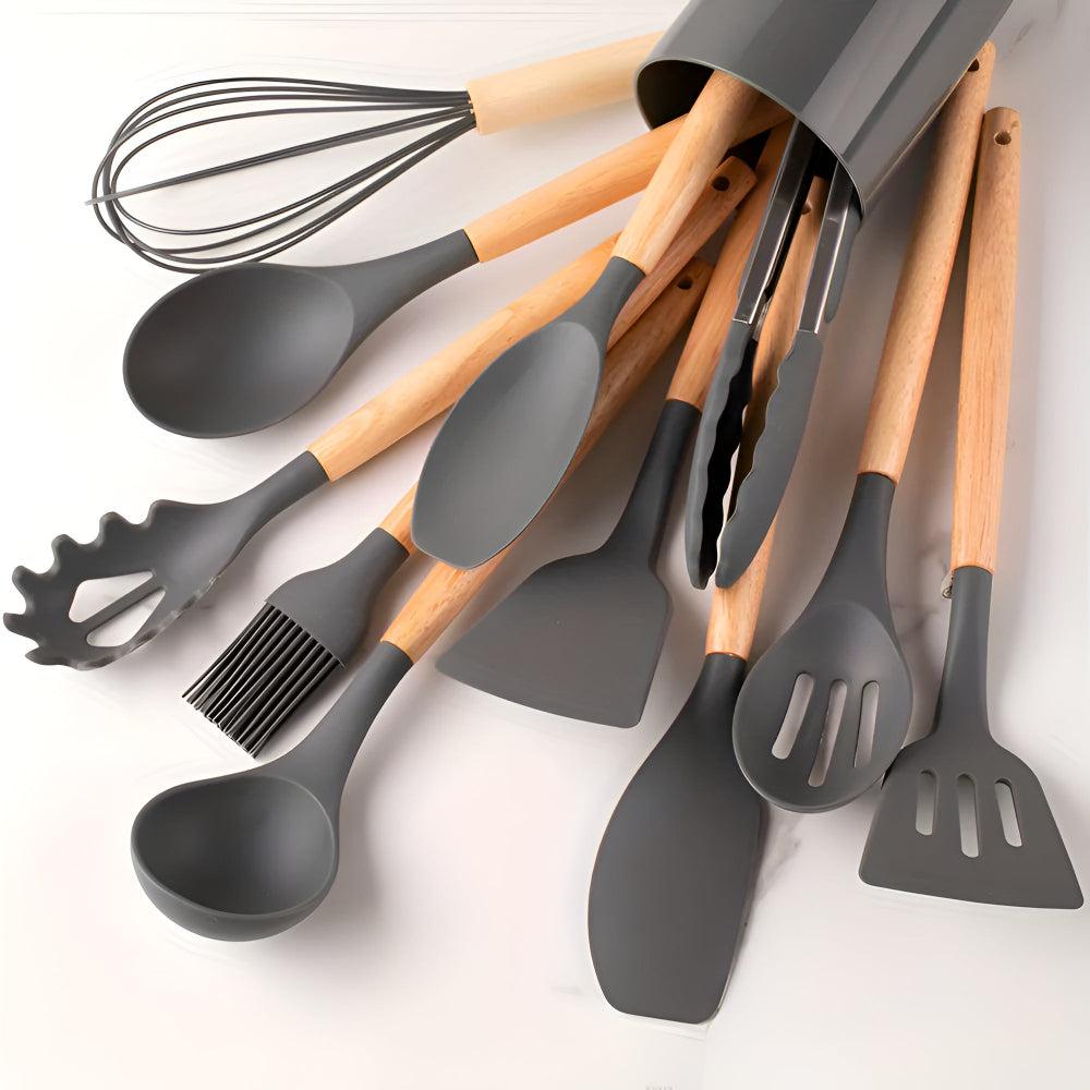 Ensemble 12 pièces d’ustensiles de cuisine en silicone résistant à la chaleur avec manches en bambou et pot de rangement - Hommfer