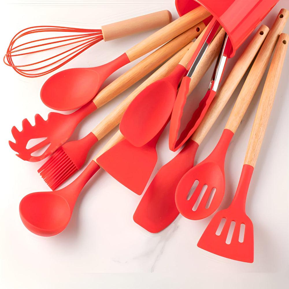 Ensemble 12 pièces d’ustensiles de cuisine en silicone résistant à la chaleur avec manches en bambou et pot de rangement - Hommfer
