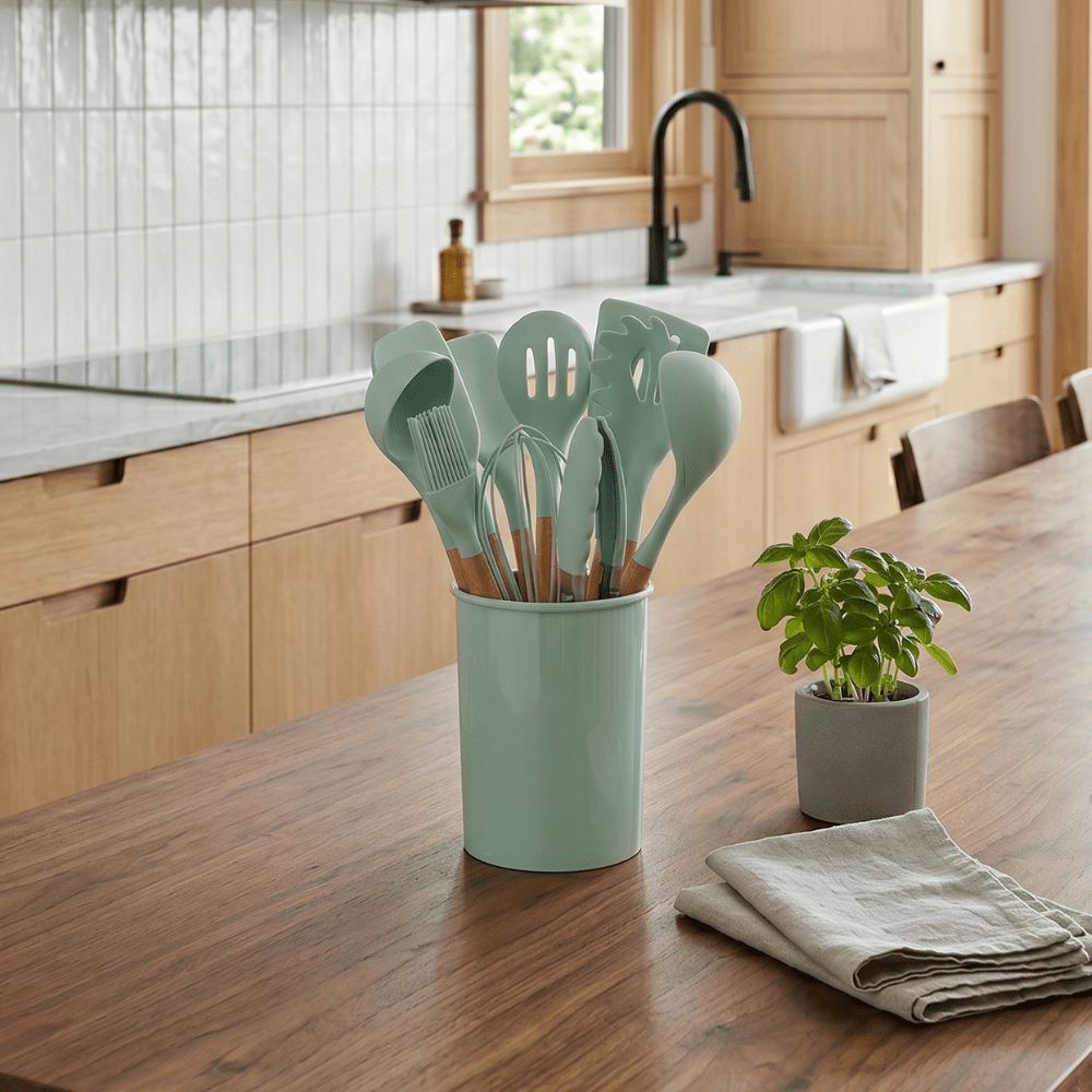 Ensemble 12 pièces d’ustensiles de cuisine en silicone résistant à la chaleur avec manches en bambou et pot de rangement - Hommfer