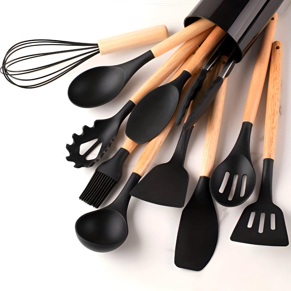 Ensemble 12 pièces d’ustensiles de cuisine en silicone résistant à la chaleur avec manches en bambou et pot de rangement - Hommfer