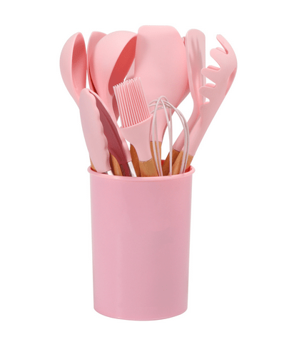 Ensemble 12 pièces d’ustensiles de cuisine en silicone résistant à la chaleur avec manches en bambou et pot de rangement - Hommfer