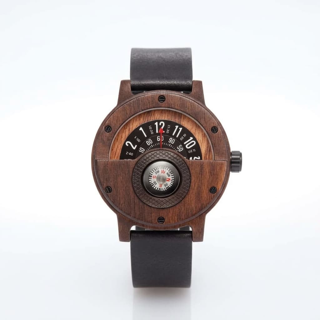 Équinoxe Montre en Bois de Noyer avec Boussole Intégrée, Bracelet en Cuir Véritable, Quartz, Résistance à l’Eau 3 Bar - Hommfer