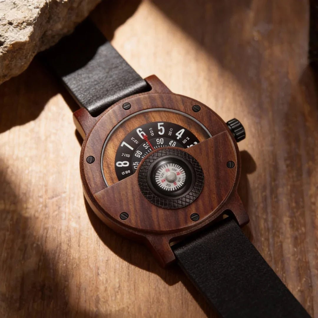 Équinoxe Montre en Bois de Noyer avec Boussole Intégrée, Bracelet en Cuir Véritable, Quartz, Résistance à l’Eau 3 Bar - Hommfer