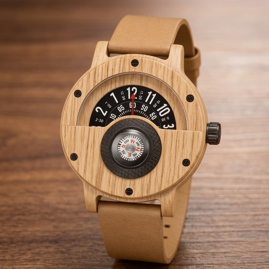 Équinoxe Montre en Bois de Noyer avec Boussole Intégrée, Bracelet en Cuir Véritable, Quartz, Résistance à l’Eau 3 Bar - Hommfer