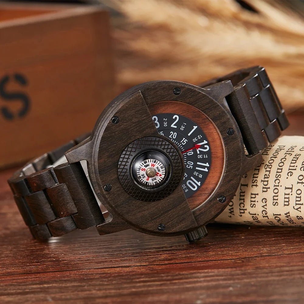 Équinoxe Montre en Bois de Noyer avec Boussole Intégrée, Bracelet en Cuir Véritable, Quartz, Résistance à l’Eau 3 Bar - Hommfer
