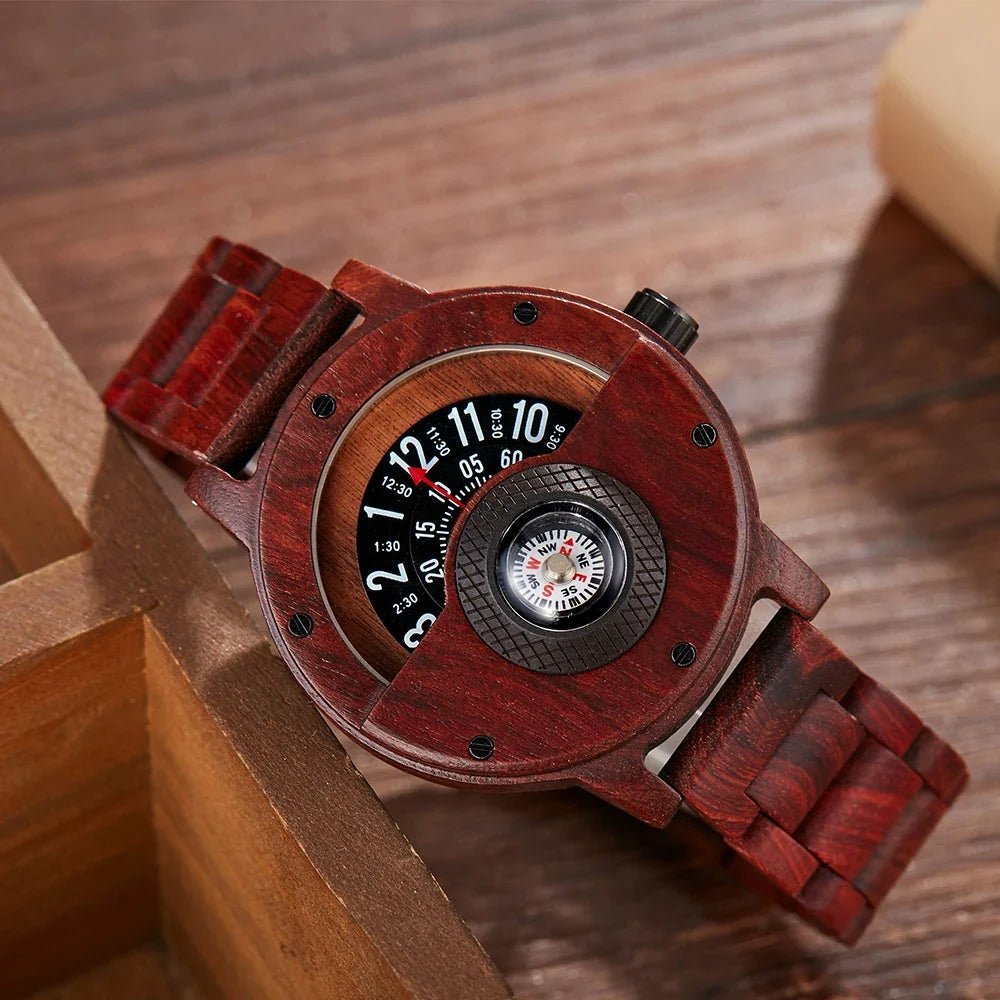 Équinoxe Montre en Bois de Noyer avec Boussole Intégrée, Bracelet en Cuir Véritable, Quartz, Résistance à l’Eau 3 Bar - Hommfer