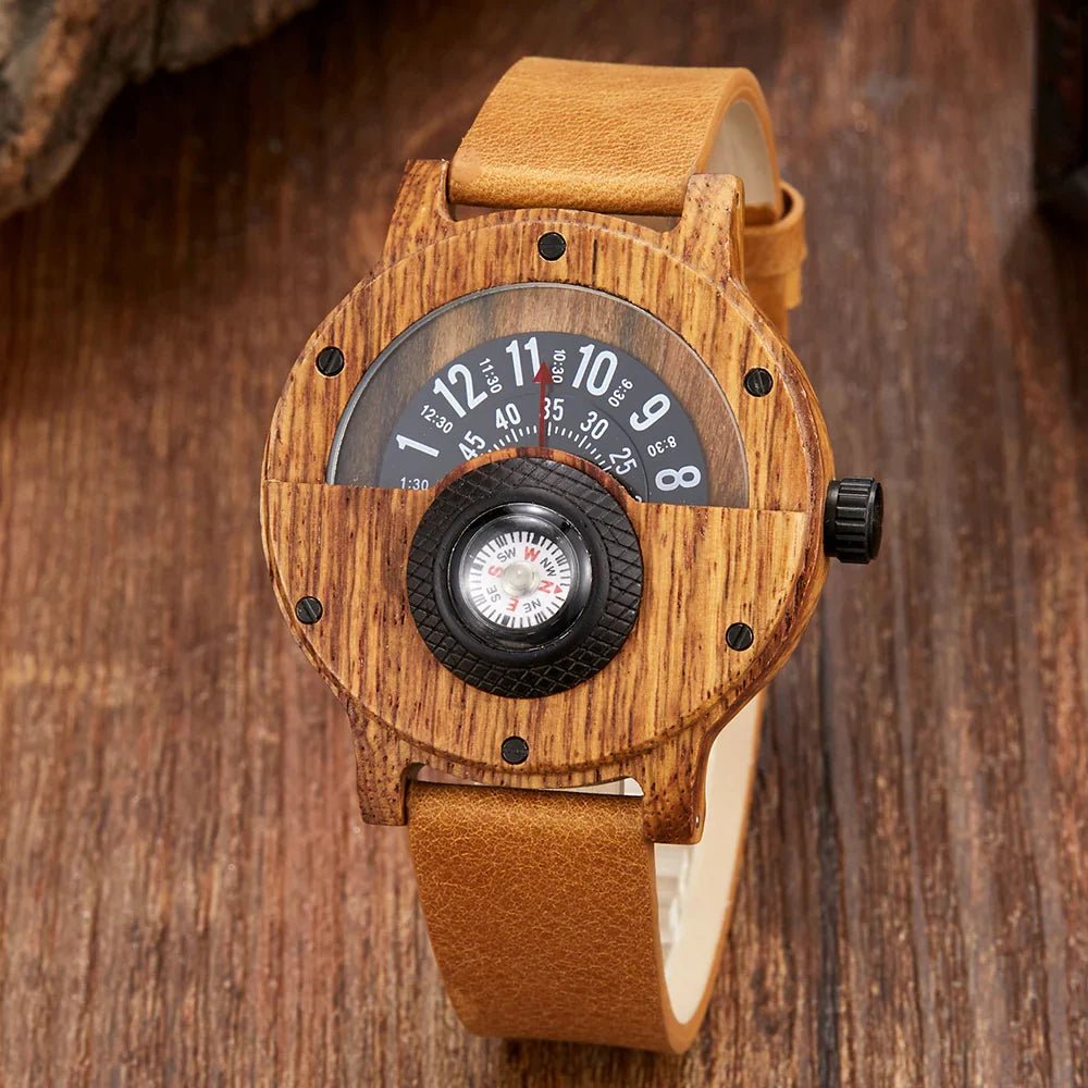 Équinoxe Montre en Bois de Noyer avec Boussole Intégrée, Bracelet en Cuir Véritable, Quartz, Résistance à l’Eau 3 Bar - Hommfer