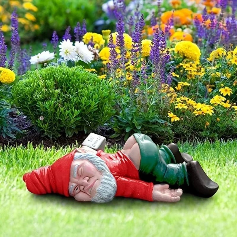 Gnome de jardin ivre avec peinture résistante aux intempéries pour déco extérieure amusante - Hommfer
