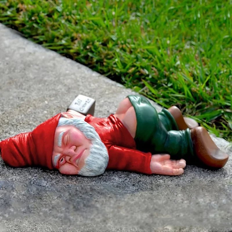 Gnome de jardin ivre avec peinture résistante aux intempéries pour déco extérieure amusante - Hommfer
