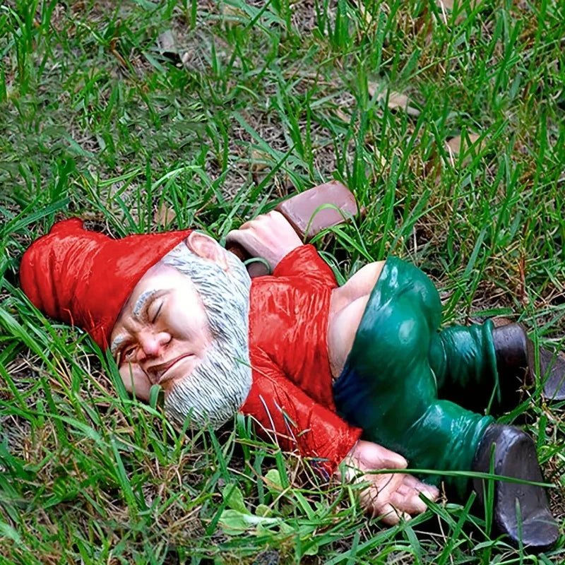 Gnome de jardin ivre avec peinture résistante aux intempéries pour déco extérieure amusante - Hommfer