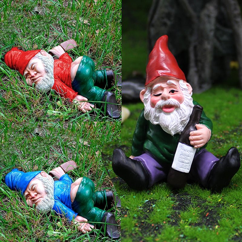 Gnome de jardin ivre avec peinture résistante aux intempéries pour déco extérieure amusante - Hommfer