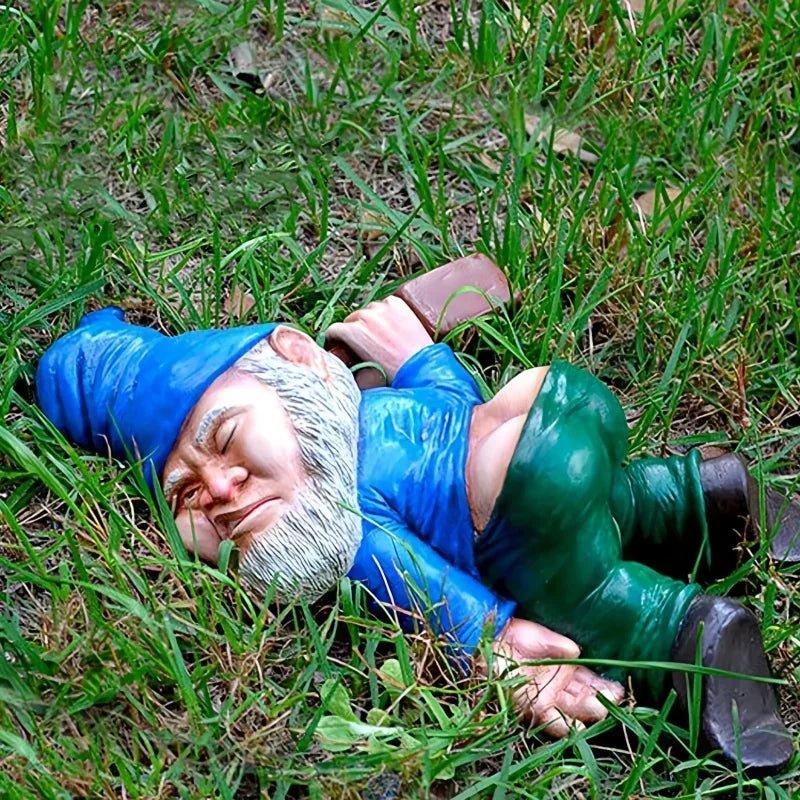 Gnome de jardin ivre avec peinture résistante aux intempéries pour déco extérieure amusante - Hommfer