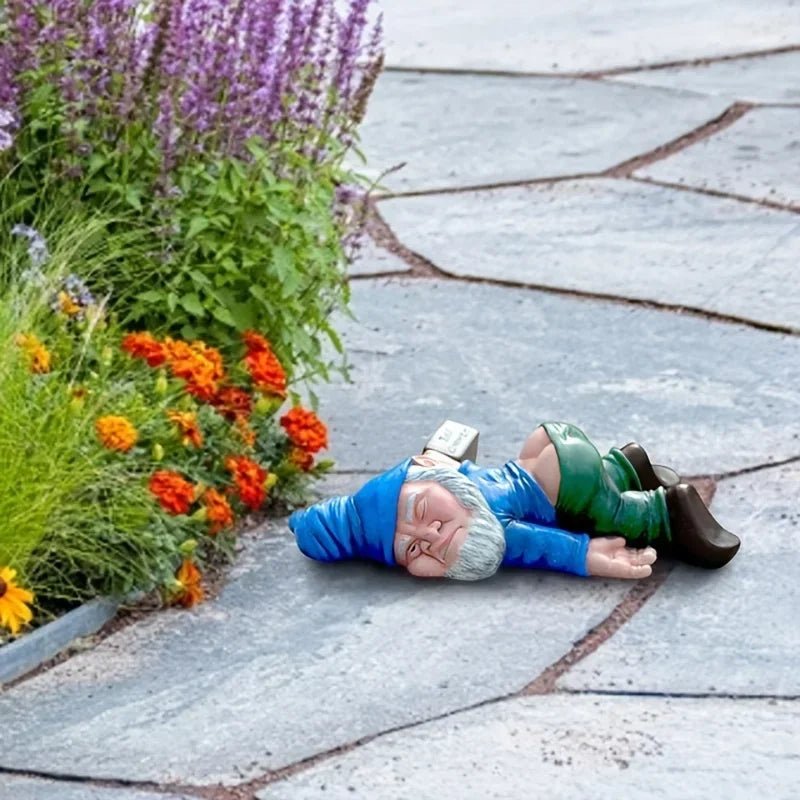 Gnome de jardin ivre avec peinture résistante aux intempéries pour déco extérieure amusante - Hommfer