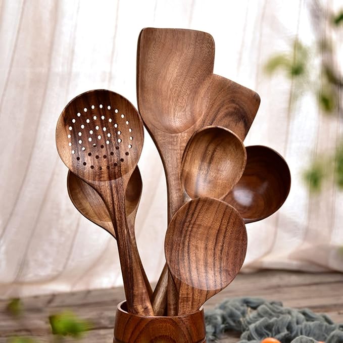 Hommfer – Ensemble d’ustensiles sculptés à la main en bois de teck, résistants à la chaleur et anti-rayures - Hommfer