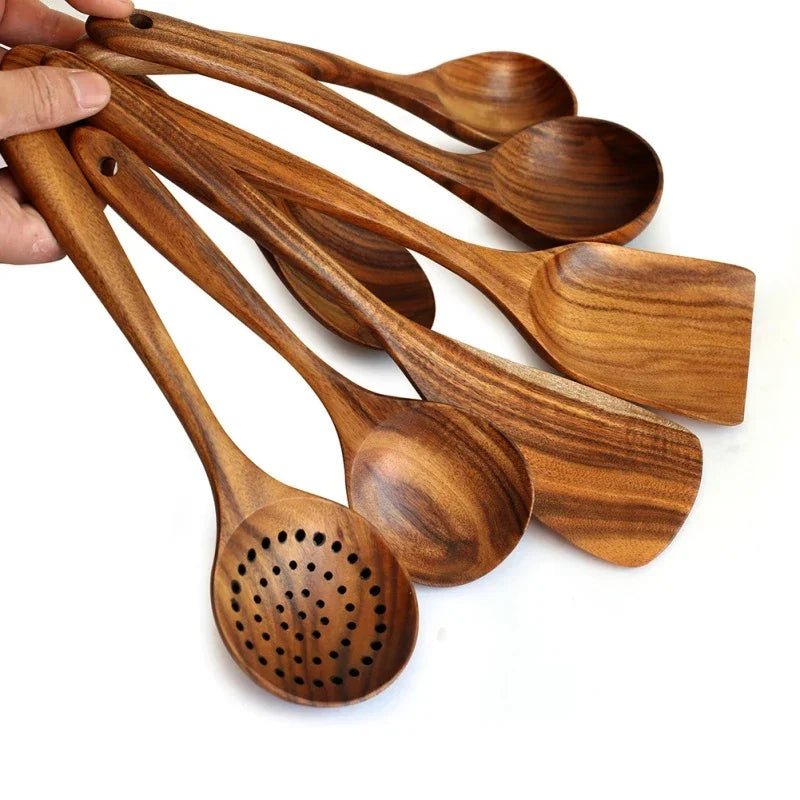 Hommfer – Ensemble d’ustensiles sculptés à la main en bois de teck, résistants à la chaleur et anti-rayures - Hommfer