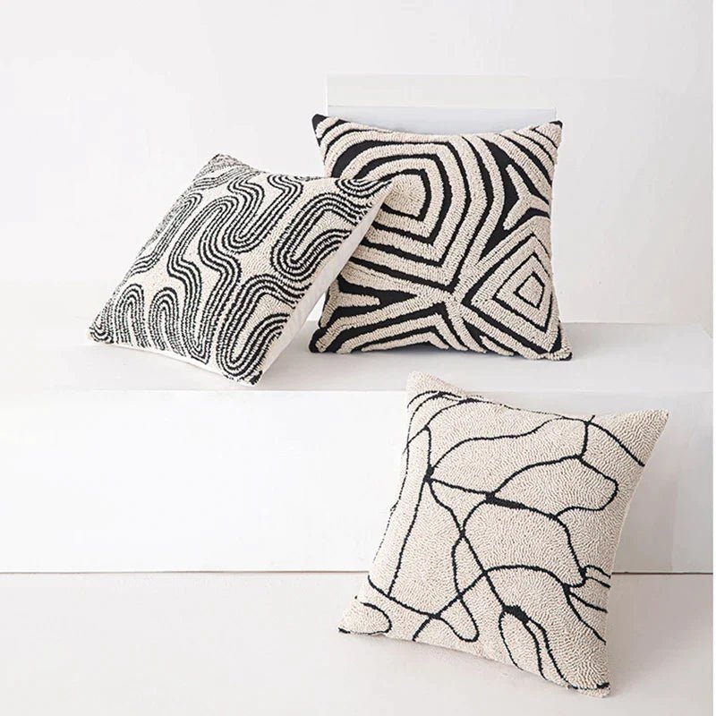 Hommfer – Housse de Coussin Tuftée Géométrique Beige et Noire - Hommfer