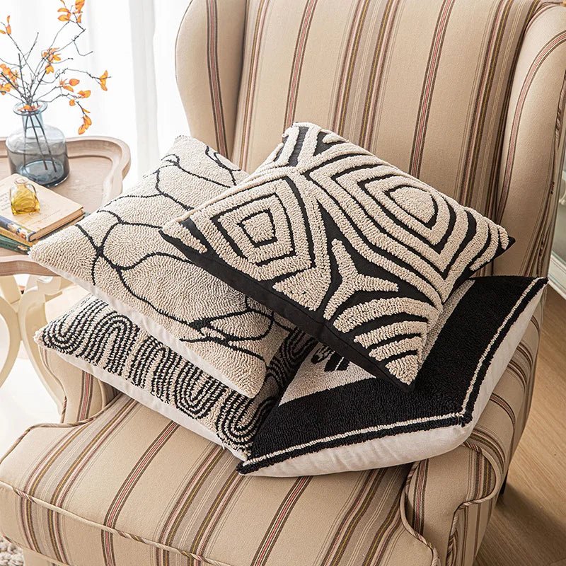 Hommfer – Housse de Coussin Tuftée Géométrique Beige et Noire - Hommfer