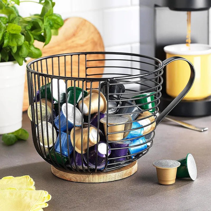 Hommfer – Organisateur de comptoir en acier inoxydable en forme de tasse avec base en bois massif pour capsules de café et sachets de thé - Hommfer