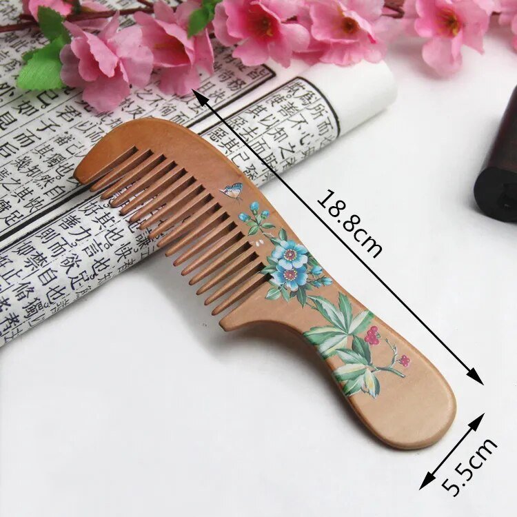 Hommfer – Peigne artisanal en bois de pêcher avec motif floral japonais pour des cheveux lisses et sans électricité statique - Hommfer