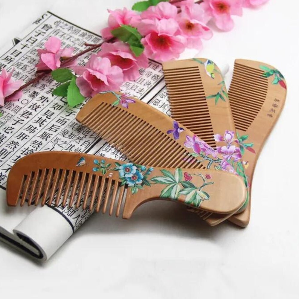 Hommfer – Peigne artisanal en bois de pêcher avec motif floral japonais pour des cheveux lisses et sans électricité statique - Hommfer