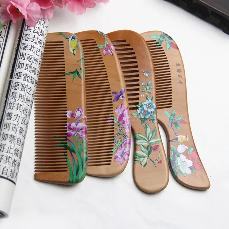 Hommfer – Peigne artisanal en bois de pêcher avec motif floral japonais pour des cheveux lisses et sans électricité statique - Hommfer