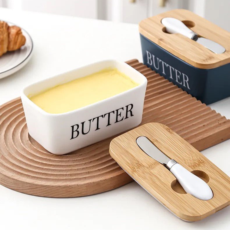 Hommfer – Plat à Beurre Élégant en Céramique avec Couteaux en Bambou - Hommfer