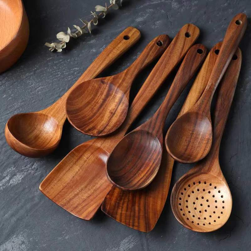 Hommfer - Ustensiles de Cuisine Faits Main en Bois de Teck | 7 Pièces - Hommfer