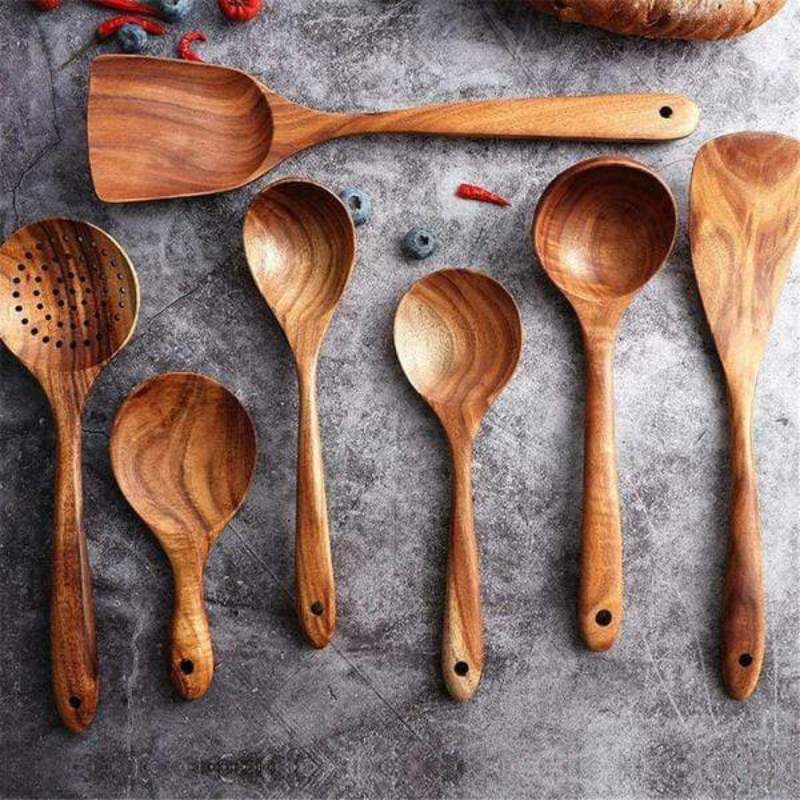 Hommfer - Ustensiles de Cuisine Faits Main en Bois de Teck | 7 Pièces - Hommfer