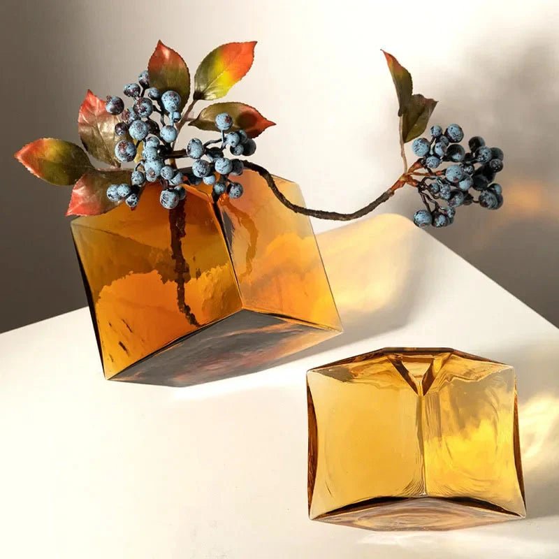 Hommfer – Vase Cube en Verre Ambré pour le Salon - Hommfer