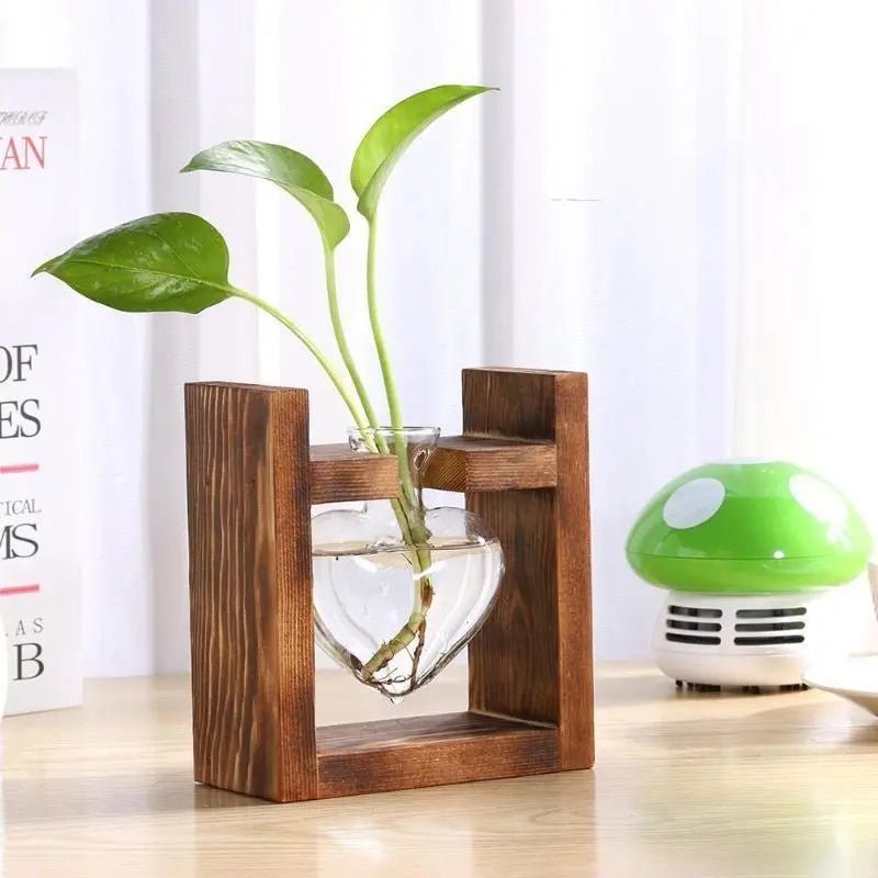 Hommfer – Vase de propagation en verre en forme de cœur avec support en bois - Hommfer