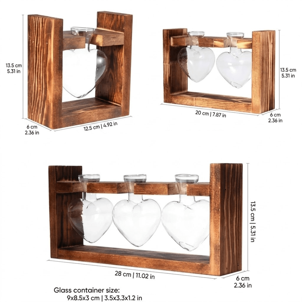 Hommfer – Vase de propagation en verre en forme de cœur avec support en bois - Hommfer