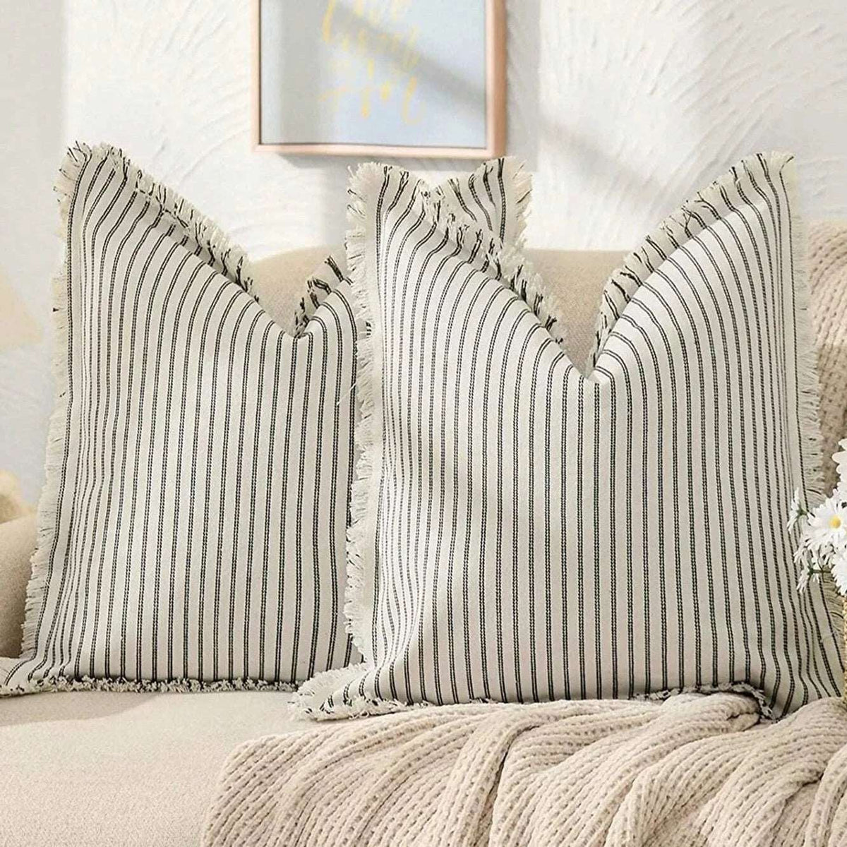 Housses de coussin en jacquard coton polyester à rayures nordiques, lavables en machine, 45x45 50x50 30x50, 6 couleurs - Hommfer