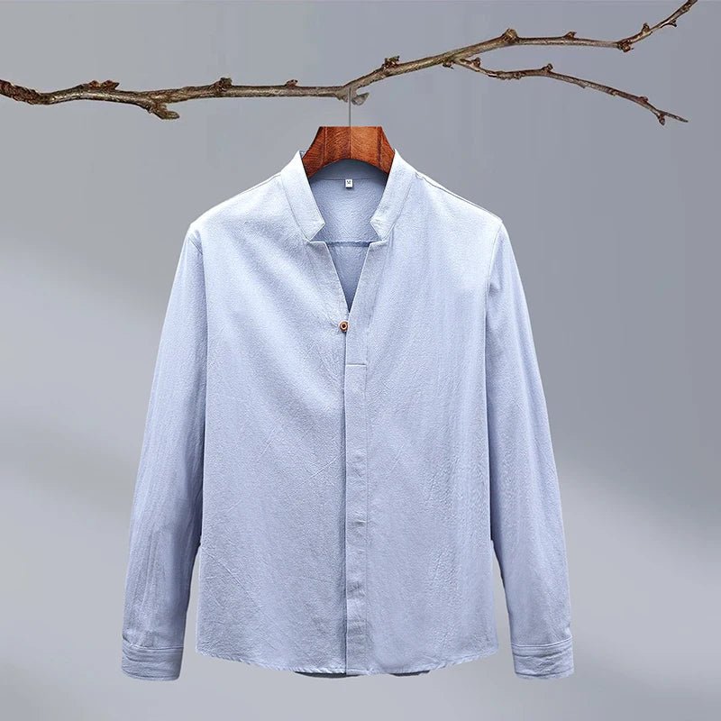 Kaito Chemise en Lin et Coton à Col Mao et Patte de Boutonnage Cachée pour un Confort Respirant Toute la Journée - Hommfer