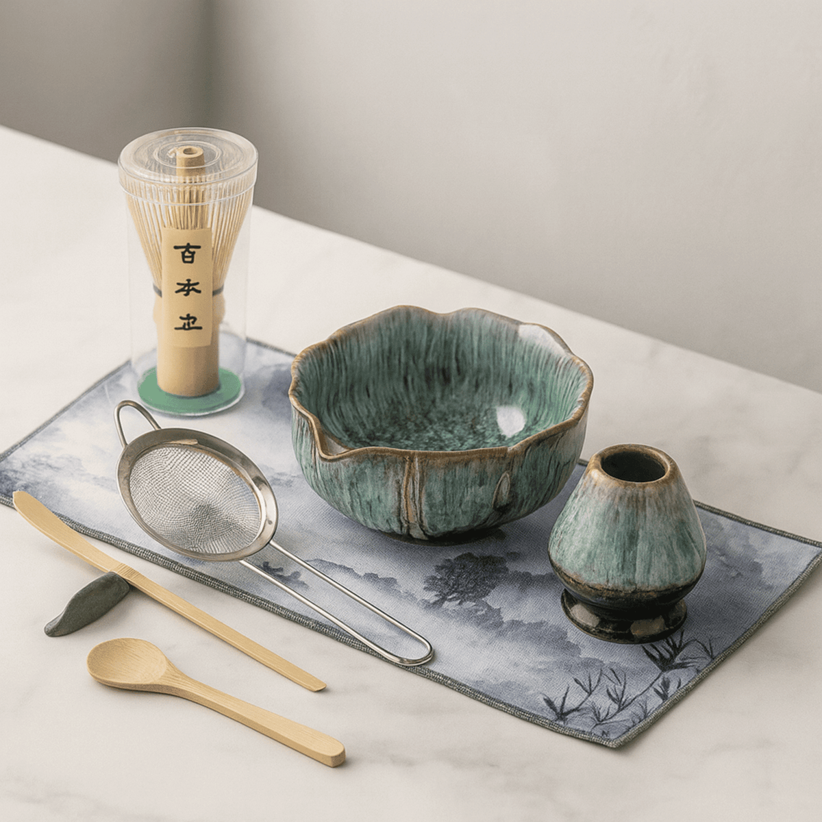 Kit Cérémonie du Matcha 8 pièces en céramique émaillée avec fouet en bambou et bol à bec verseur - Hommfer