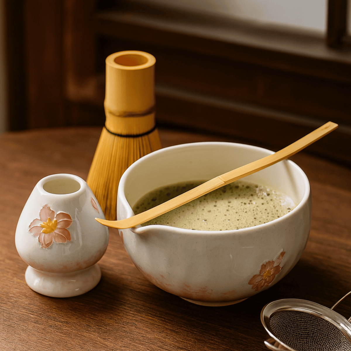 Kit de Cérémonie du Matcha 5 Pièces Fleurs de Cerisier en Céramique et Bambou pour un Matcha Lisse et Mousseux - Hommfer