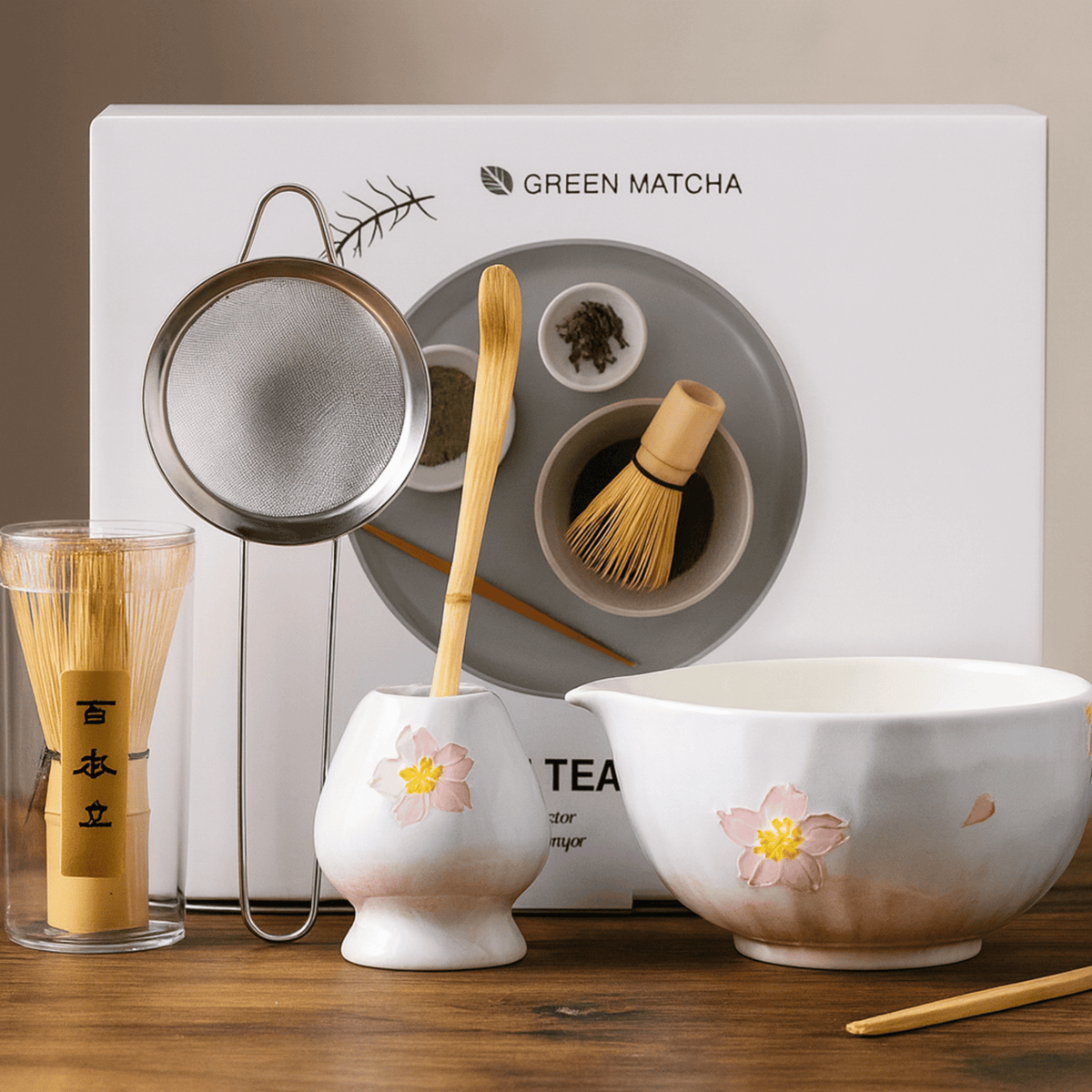Kit de Cérémonie du Matcha 5 Pièces Fleurs de Cerisier en Céramique et Bambou pour un Matcha Lisse et Mousseux - Hommfer