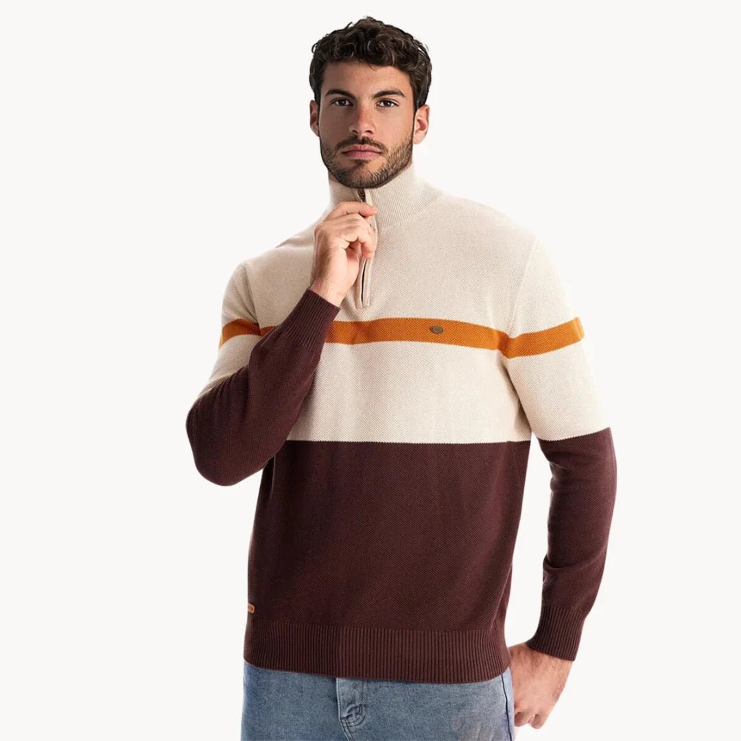 Larsen Pull à col zippé en coton biologique extensible à rayures rétro pour superposition facile - Hommfer