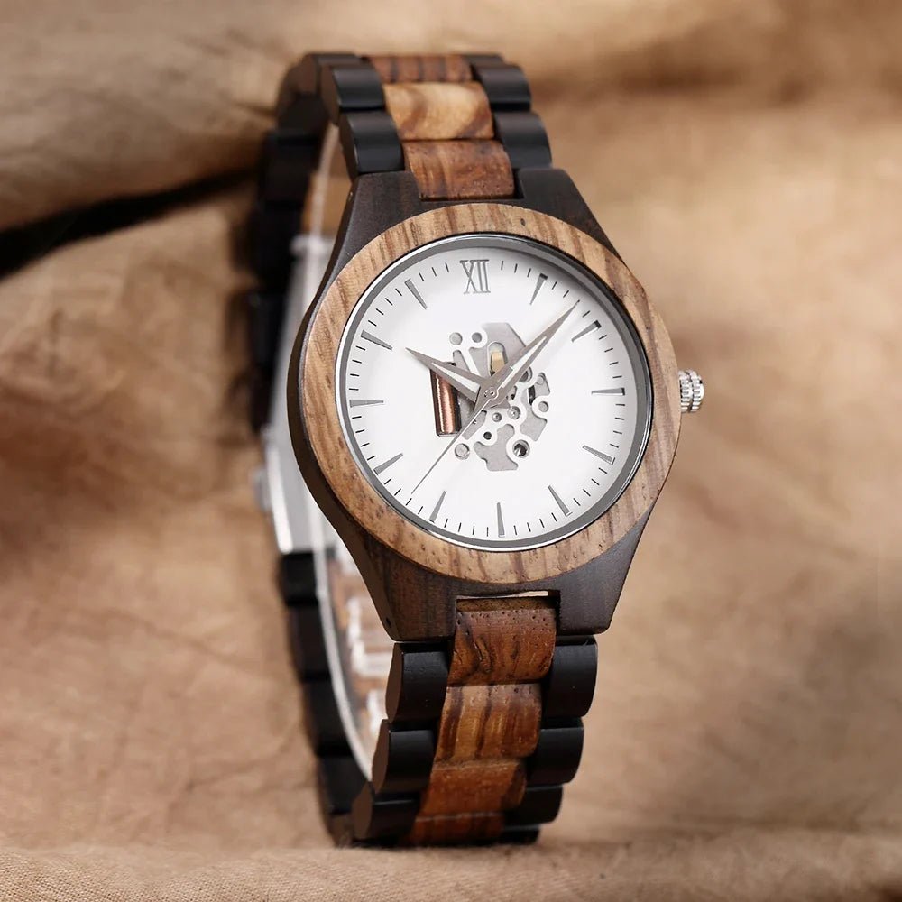 Laurier Montre en bois de santal à quartz japonais avec cadran squelette et verre minéral anti-rayures - Hommfer