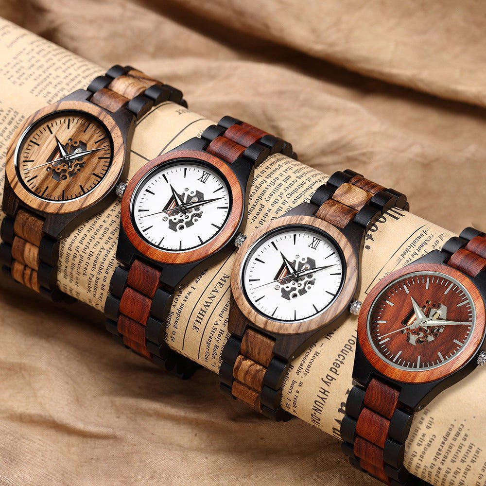 Laurier Montre en bois de santal à quartz japonais avec cadran squelette et verre minéral anti-rayures - Hommfer