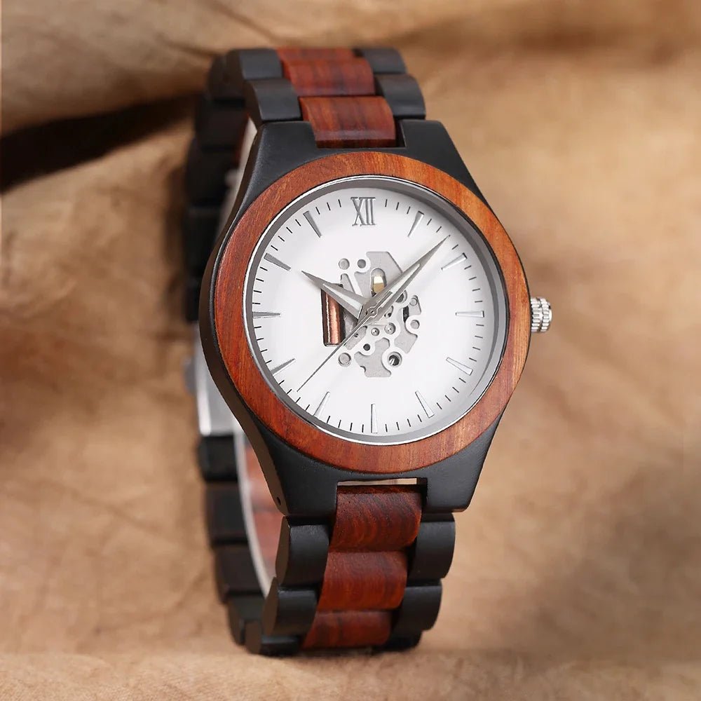 Laurier Montre en bois de santal à quartz japonais avec cadran squelette et verre minéral anti-rayures - Hommfer