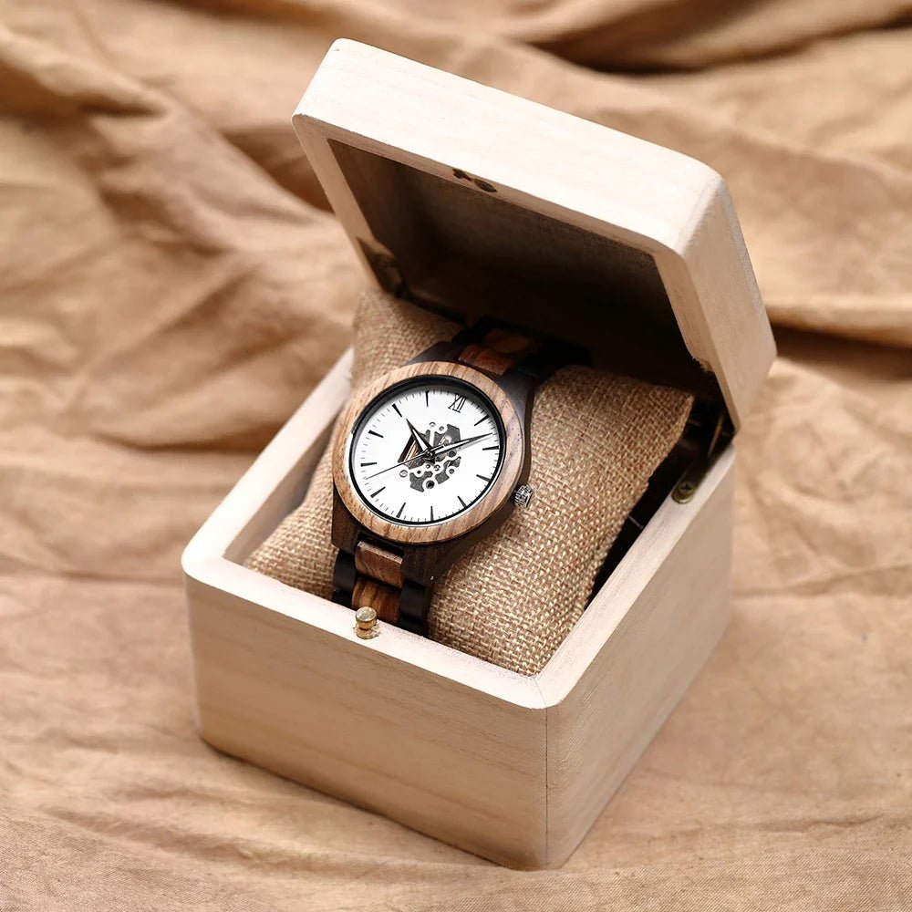 Laurier Montre en bois de santal à quartz japonais avec cadran squelette et verre minéral anti-rayures - Hommfer