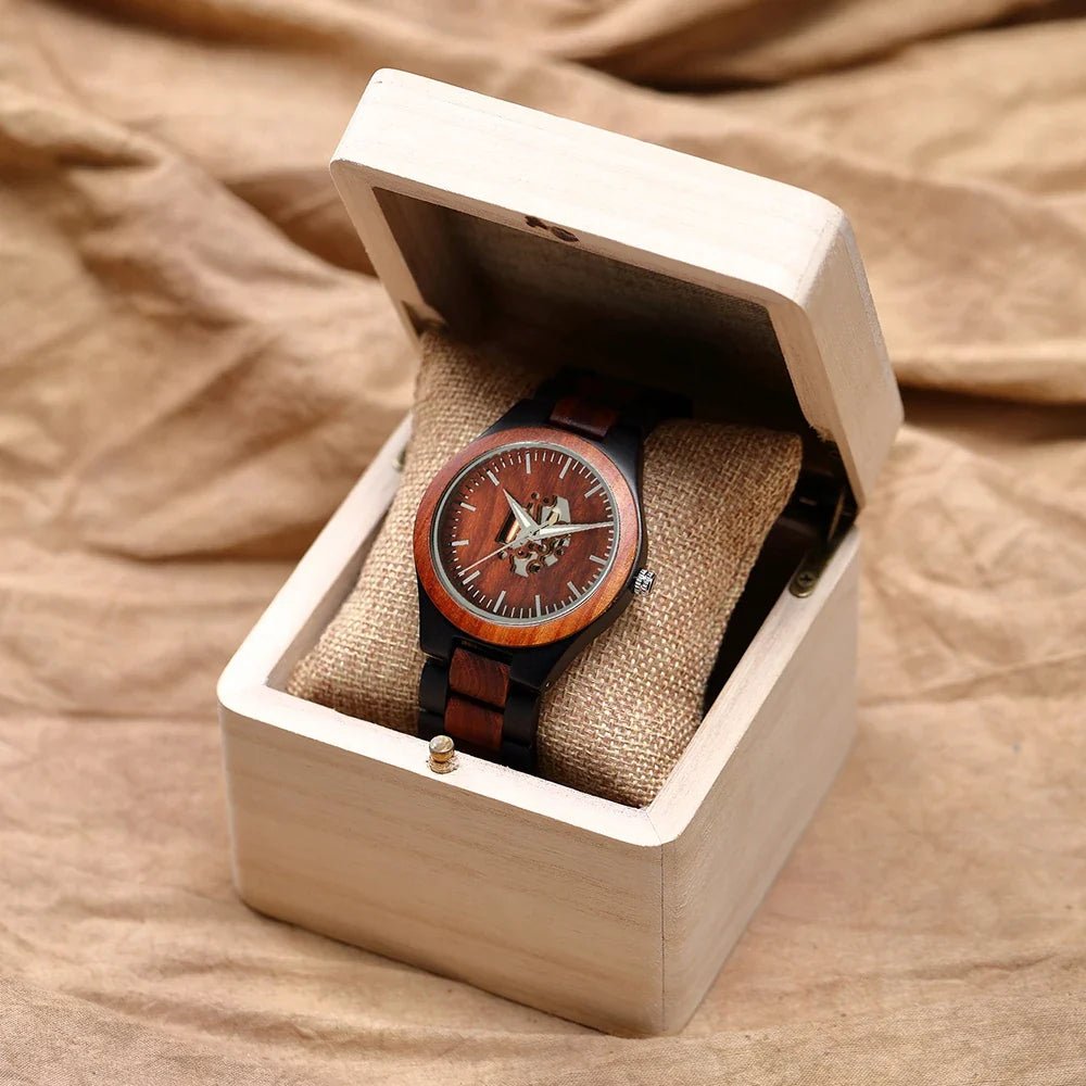 Laurier Montre en bois de santal à quartz japonais avec cadran squelette et verre minéral anti-rayures - Hommfer