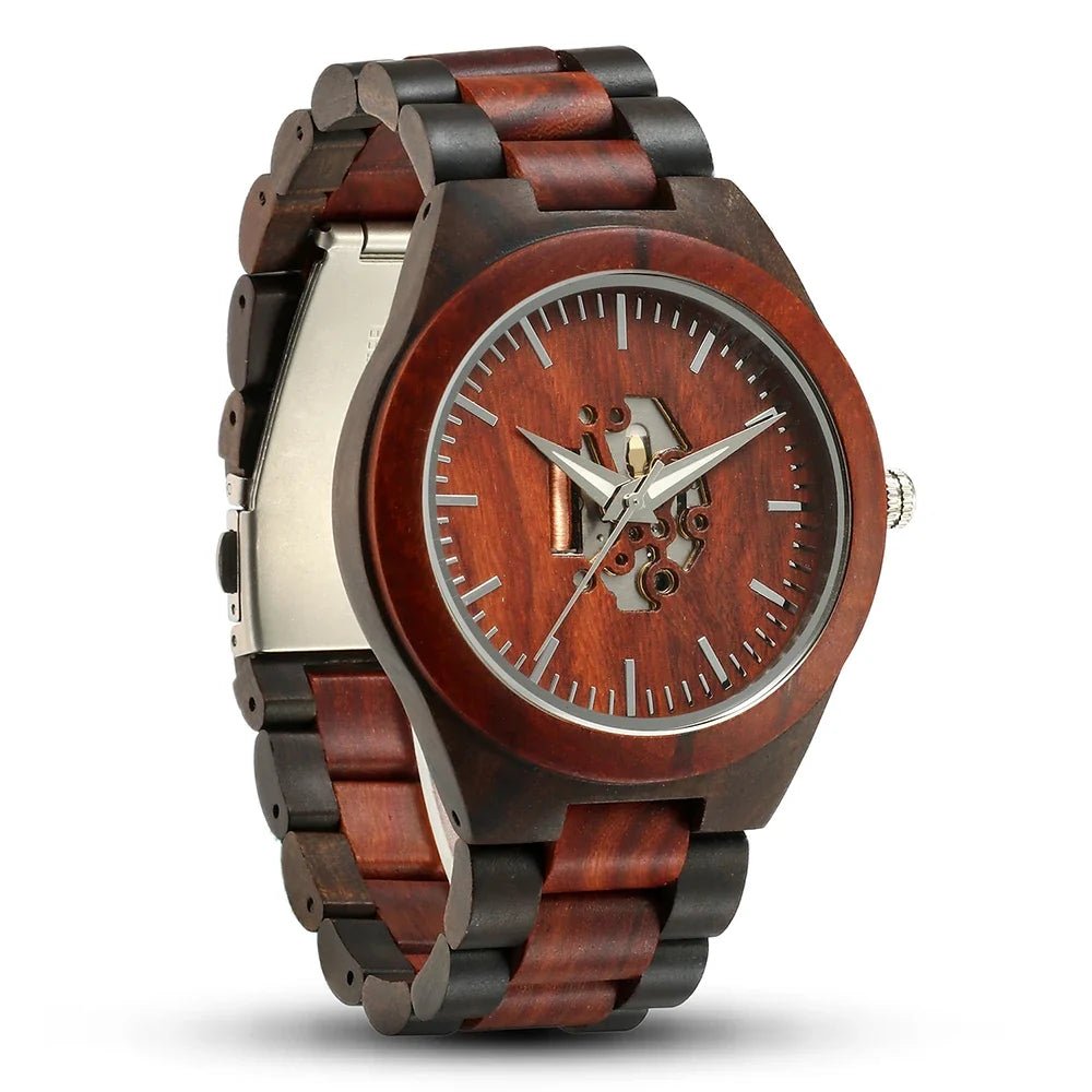 Laurier Montre en bois de santal à quartz japonais avec cadran squelette et verre minéral anti-rayures - Hommfer