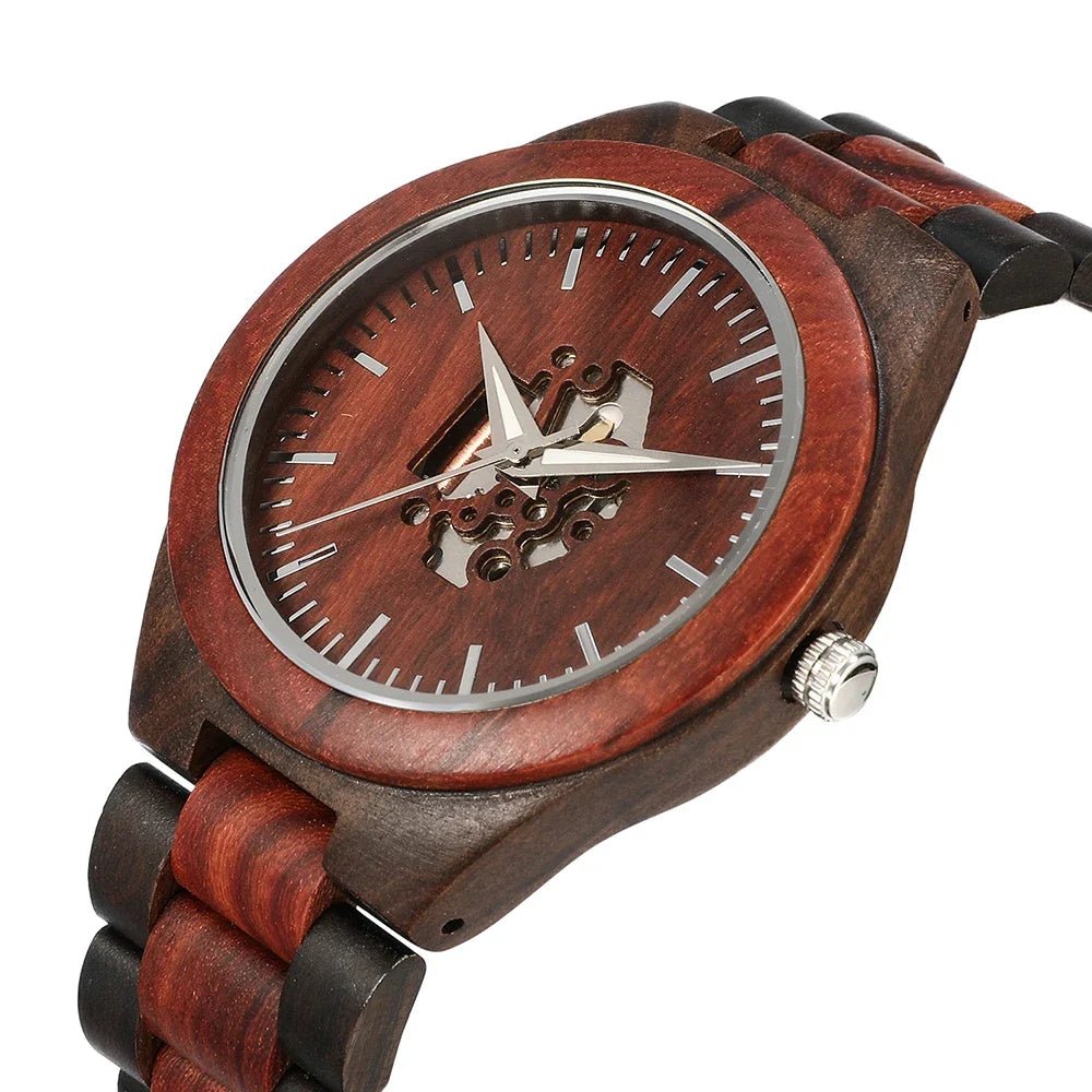 Laurier Montre en bois de santal à quartz japonais avec cadran squelette et verre minéral anti-rayures - Hommfer
