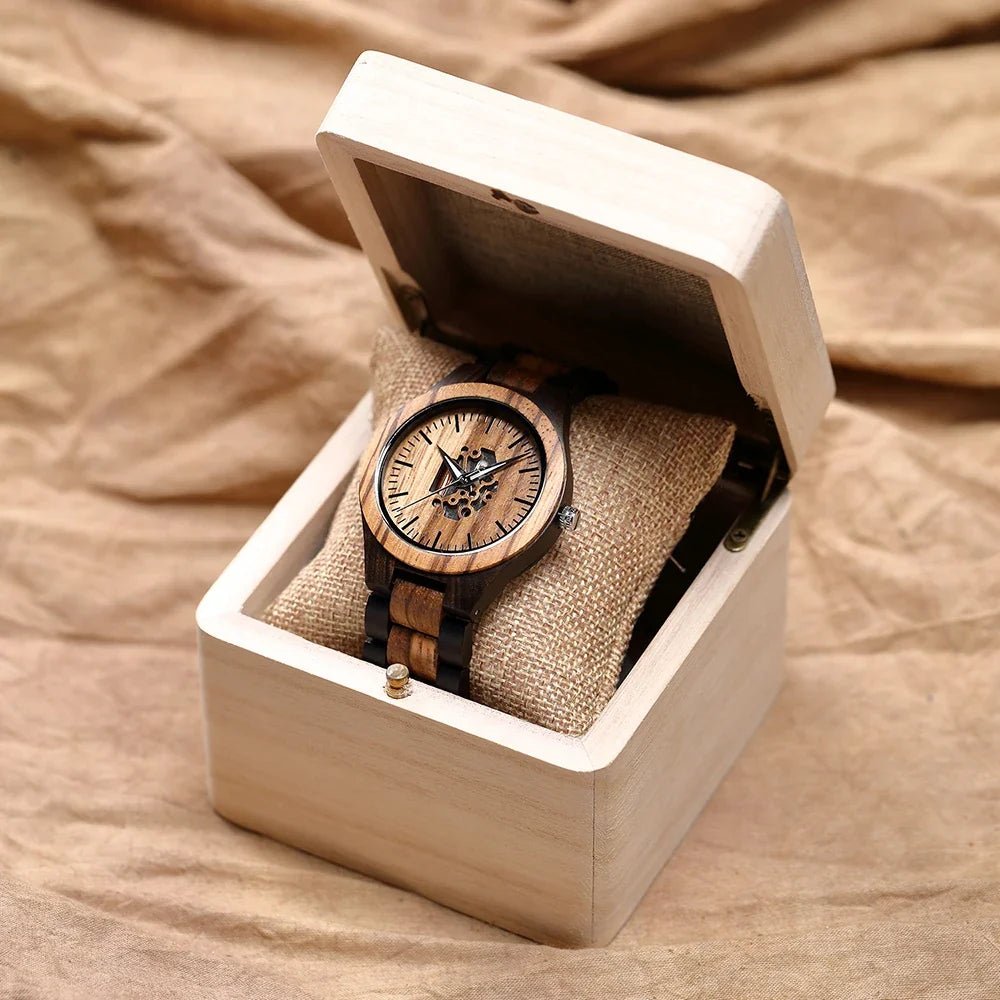 Laurier Montre en bois de santal à quartz japonais avec cadran squelette et verre minéral anti-rayures - Hommfer