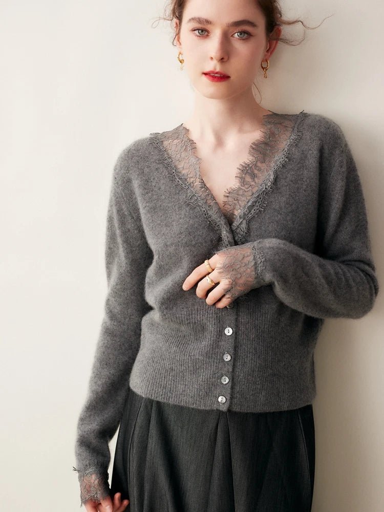 Léonie Cardigan 100 % cachemire avec dentelle pour l’automne et l’hiver - Hommfer